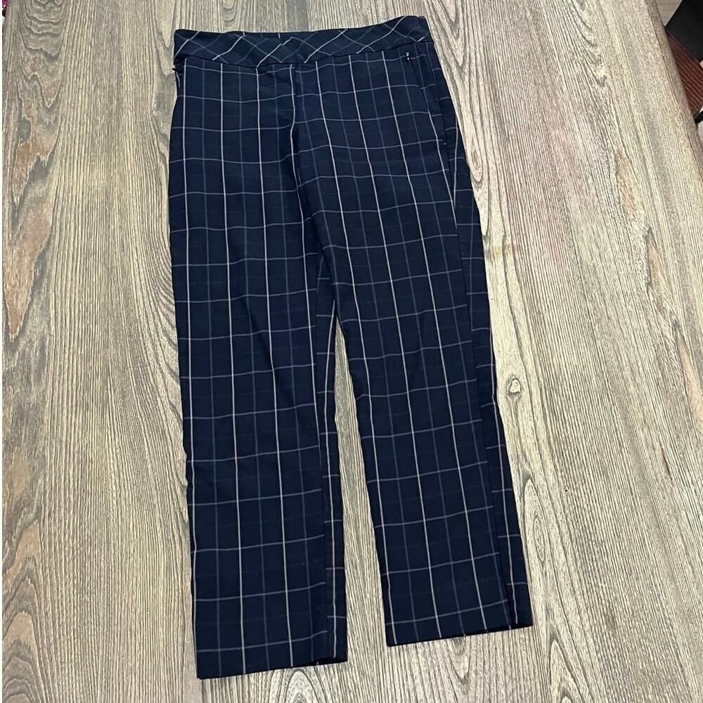 Margaret M Slimming Pants Pull-On Invisible Side Zip Pockets Plaid Navy Size M